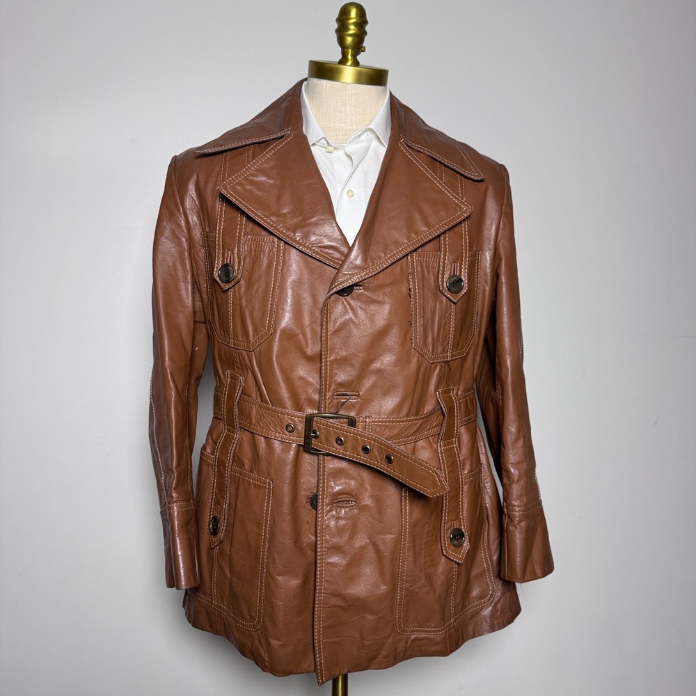 1970s Gino Paoli Leather Safari Jacket Mens 42 Brown Solid Belted Faux Fur Lined